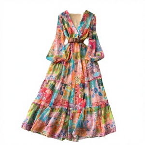 Vestido Maxi de Gasa con Cintura Imperio y Cuello en V, Estampado Floral, para Oficina, Casual, Primavera-Otoño, Transpirable, Ecológico, Tejido - Product Image 3