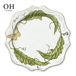 New Design Luxury Wedding Sunflower Charger Plate Art Decor Green Leaves And Butterfly Plate Set Dinnerware For Catering Event