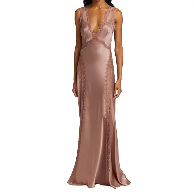 New Arrival High Quality Deep V Neck Sleeveless Lace Embellishment Silk Satin Cut Out Party Evening Sexy Maxi Dress