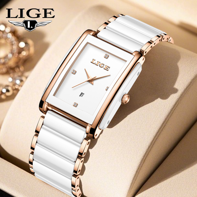 LIGE LG89188 Ceramic Square Watch for Women's Elegant Analog Quartz Watch Design Business Fashion Style Luxury Watch Gift Box