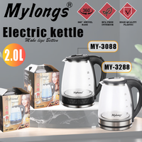 Bouilloire électrique sans fil Mylongs en verre 2,0 L, base rotative à 360°, éclairage LED bleu, contrôle de la température, protection contre l'ébullition à sec
