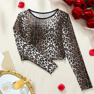 Chất Lượng Cao Phong Cách O-Cổ Skinny Leopard In Sexy Phụ Nữ Da Đen Của Top Dài Tay Áo Micro Sheer Crop Top Cho Ngày - Product Image 6