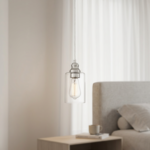 Single Adjustable Height Steel Pendant <b>Light</b> Clear Glass Shade E26 Brushed Nickel Incandescent Bulbs Dimmable <b>Dining</b> Lighting - Product Image 2
