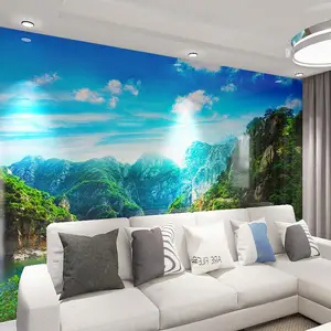 现代5d壁画自然风光林山流水壁纸电视背景壁纸客厅沙发墙布