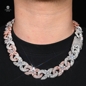 Catena Cubana di Lusso con Fiori, 18mm, in Ottone con Zirconi, Gioielli Hip Hop Bicolore, Catena Cubana Infinita - Product Image 1