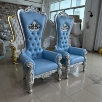 Chaise Trône de Luxe Bleu Ciel avec Couronne Argentée, Dossier Haut, Sculptée à l'Occidentale, pour Mariages et Événements, Fabrication Personnalisée