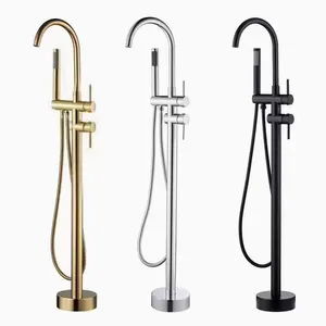 Badkamer Vrijstaande Bad Geborsteld Goud Uitloop Floor Mount Douche Set Bad Valve Black Bad Filler Mixer Kranen