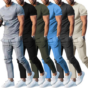 Traje deportivo de manga corta con cuello redondo informal de Color sólido para hombre, + Pantalones con bolsillo de manga corta Camiseta deportiva, conjunto de dos piezas, ropa de calle - Product Image 1