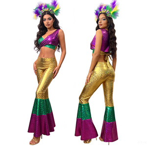 Conjunto de Fiesta de Carnaval para Mujer, Pantalones Acampanados de Satén Verde Dorado y Morado de Cintura Alta, Top Corto, Disfraz, Ropa de Actuación, Sin Etiqueta, Transfronterizo - Product Image 1