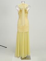Nouvelle Robe Longue Crayon en Cachemire Style Européen et Américain, Couleur Unie, Sexy, Col Halter, avec Empiècements en Maille, Fente Élégante Haut de Gamme