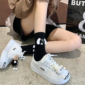 Cute Women's Crew <b>Socks</b> Solid Color Anime Cartoon 3D Dog Design Breathable Cotton Mid-Calf <b>Socks</b> For Youth - Product Image 3