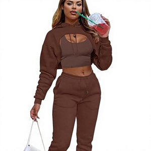 Ensemble jogging et sweat à capuche en molleton mélangé coton pour femme, 2 pièces, coupe ample, vêtements de sport décontractés, manches lanternes, tissu respirant et écologique - Product Image 1