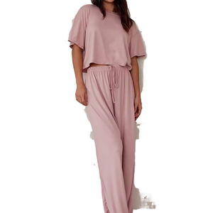 Pyjama décontracté pour femmes en jersey de bambou personnalisé, séchage rapide, été 2025, motif à carreaux, manches courtes, taille élastique - Product Image 1