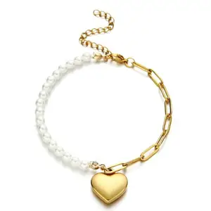Pulseira de aço titânio banhado a ouro 18K promocional barato coração charme pérola decoração corrente pulseira