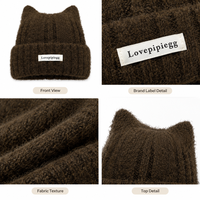 Bonnet tricoté 3D oreilles de chat pour femme, chapeau d'hiver côtelé mignon avec étiquette logo personnalisée, bonnet tricoté chaud à revers pour le streetwear quotidien