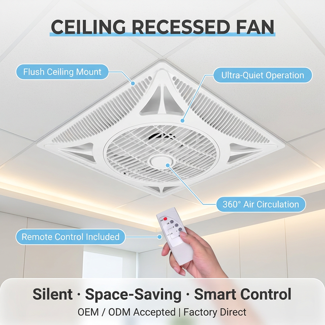 Electric AC Ceiling Recessed Fan Remote Control Silent Flush Mount Home Office Bedroom 360 Air Circulation Air Purification