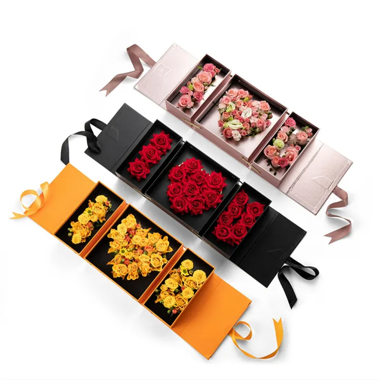 Kotak Kemasan Mawar Dua Pembukaan Kotak Hadiah Bunga Kardus Kaku Kotak Bunga Hari Valentine Aku Mencintaimu dengan Pita