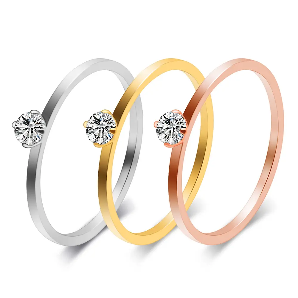 Perak/emas/mawar emas wanita halus trendi modis desain unik baja tahan karat cincin berlian tunggal untuk wanita