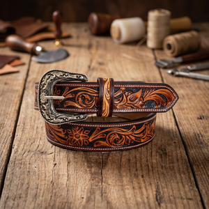 Cinturón de Cuero Florales Occidentales con Grabado en Relieve, Hebilla Plateada, Estilo Casual Vintage, Duradero, Ecológico, Unisex, 1.5 Pulgadas de Ancho - Product Image 3