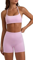 Ensemble soutien-gorge de sport et short cycliste pour femme avec coussinets intégrés, bretelles réglables, taille haute, poche pour téléphone, effet froncé, tenue de sport