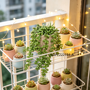 <span class=keywords><strong>Pianta</strong></span> <span class=keywords><strong>Succulenta</strong></span> Artificiale con Fili di Perle in Vaso di Cemento con Ghiaia Gialla e Foglie Verdi Pendenti per Decorazione Boho da Appendere - Product Image 2