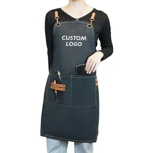 Модный фартук из прозрачной хлопчатобумажной ткани на заказ, водонепроницаемый черный фартук без рукавов с логотипом на заказ для женщин
