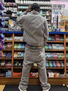 Giacca Bomber in <span class=keywords><strong>Denim</strong></span> Traspirante da Uomo con Logo Frontale Stile Retrò, Colletto Alto, Stile Americano High Street, Hip Hop, Giacca Invernale da Moto - Product Image 5