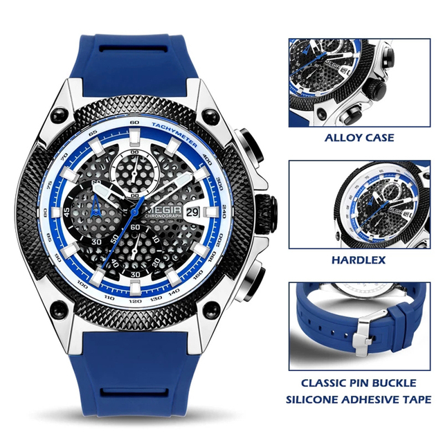 Men's Sport Quartz Chronograph Watch Waterproof Silicone Strap Casual Wristwatch with Tachymeter Bezel and Date Display