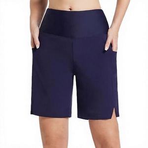 Short de bain taille haute à bas élastique avec poche, séchage rapide, 100 % polyester, couleur unie, pour la plage - Product Image 1