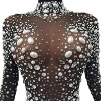 Combinaison longue à manches longues transparente pour femmes, tenue de danseuse, body moulant, combinaison une pièce, combinaison sexy en strass pour femmes