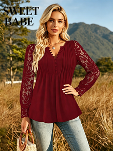 Women's Red <b>Crocheted</b> Lace <b>Sleeve</b> Blouse-Elegant V-Neck Button Front Casual <b>Top</b> for Daily Party Wear - Product Image 1