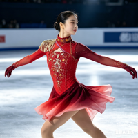 Costume de patinage artistique dégradé rouge rose, robe en maille à manches longues avec strass pour filles adultes, compétition et performance