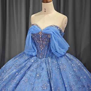 Robe de bal bleue scintillante à épaules dénudées avec corsage perlé, appliques florales en dentelle et traîne en tulle superposé 1230 - Product Image 2