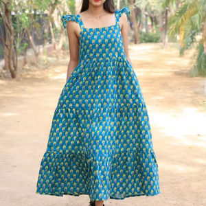 Main bloc imprimé robe sans manches coton indien robe d'été bleu longue robe avec main bloc imprimé Floral Design ODM approvisionnement - Product Image 1