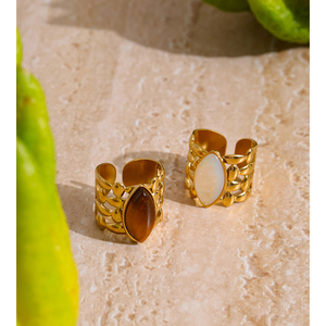 JINYOU 6842 Vintage Brown Tiger Stone Natural Stone Shell <strong>Ring</strong> Adjustable Stainless Steel Hollow Design <strong>Open</strong> <strong>Ring</strong> - Product Image 4