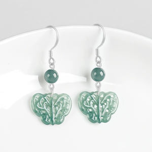Pendientes de plata S925 con esmeralda natural azul agua y diseño de mariposa - jadeíta de grado hielo, estilo antiguo para mujer - Product Image 1