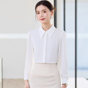 White Long Sleeve Shirt Women Professional Work Blouse Solid Color Poplin Fabric Button Front Elegant Office Wear - Product Image 4