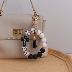 Regalo para el Día de la Madre: Pulsera de silicona <span class=keywords><strong>con</strong></span> cuentas de leopardo verde esmeralda y Jesús, hecha a mano, tipo llavero o brazalete. - Product Image 6