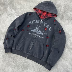 Vintage Cotton Heavyweight Screen Print <b>Hoodie</b> Distressed Washed Zipper <b>Hoodie</b> Designer Reversible Plaid Oversized <b>Zip</b> <b>Up</b> <b>Hoodie</b> - Product Image 1