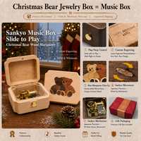Boîte à musique en bois d'érable avec marqueterie, motif ours de Noël, interrupteur coulissant Sankyo, fonction Play/Stop, couvercle transparent festonné, pour bijoux et bibelots, vente en gros OEM