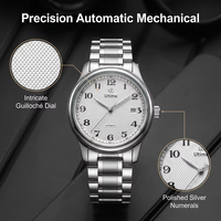 Montre automatique pour homme, boîtier argenté, cadran guilloché, chiffres arabes, fenêtre de date, bracelet en acier à cinq rangs, style business