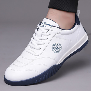 รองเท้าผ้าใบหนังสีขาวสำหรับผู้ชายแบบผูกเชือก พื้นนุ่ม รองเท้าวิ่งลำลอง สไตล์เกาหลี ใส่ได้ทุกฤดู ทนทานต่อการสึกหรอ รองเท้ากีฬาเดินทาง - Product Image 4