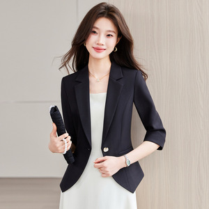 Women's Mid Sleeve Blazer Black Slim Fit Solid Color Casual Short Jacket For Office Work Wear - Product Image 1