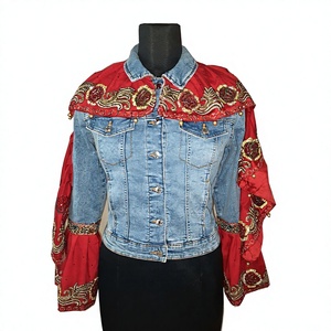 <b>Women's</b> Denim Trucker <b>Jacket</b> With Red Embroidered Cape Floral Pattern Turn-Down Collar Full Sleeve <b>Spring</b> Style - Product Image 1