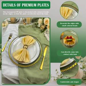 Assiette de présentation ronde en plastique transparent de 13 pouces avec bord doré et perles dorées pour décoration de mariage et dîner de fête - Product Image 3