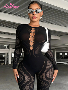 Bodystocking sexy pour <span class=keywords><strong>femme</strong></span> en maille jacquard ajourée, moulant, élastique, sans couture, avec décorations de perles, style clubwear <span class=keywords><strong>et</strong></span> streetwear - Product Image 2