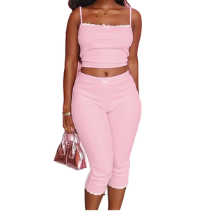 Conjunto de 2 Piezas para Mujer, Verano, Bordado, Top Corto de Encaje y Punto Acanalado, Pantalones Cortos por Encima de la Rodilla, Estilo Casual, Color Rosa - Product Image 1