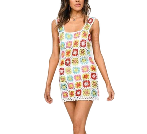 2025 yaz yeni fransız moda kadın gevşek örgü A-Line etek basit kanca çiçek delikli-out Fringe yelek doğal parti elbise - Product Image 2