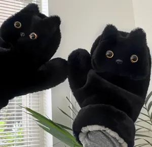 Siyah kedi sevimli soğuk sonbahar ve kış peluş eldiven bayanlar artı peluş kalın eldiven moda
