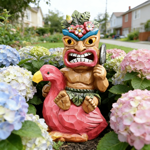 Estatua Colorida de Dios Tiki Montando un Flamenco, Escultura de Madera Tallada a Mano con Falda de Hojas, Arte Tropical Polinesio en Resina - Product Image 2